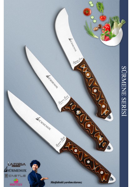 Sürmene Serisi Mutfak Bıçak Seti Et Ekmek Sebze Salata Bıçağı 3'lü Set Kahverengi ( MFT-022 )