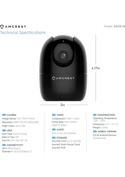1080P Wifi Kamera İç Mekan Köpek Kamerası ASH21-B (Black)