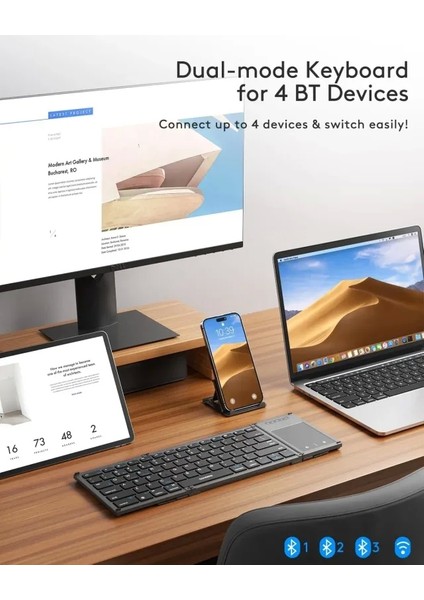 Dokunmatik Yüzeyli Katlanabilir Bluetooth Klavye Dark Gray