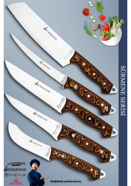 Sürmene Serisi Mutfak Şef Bıçak Seti Et Ekmek Sebze Salata Fileto Bıçağı 5'li Set Kahve (MFT-025)
