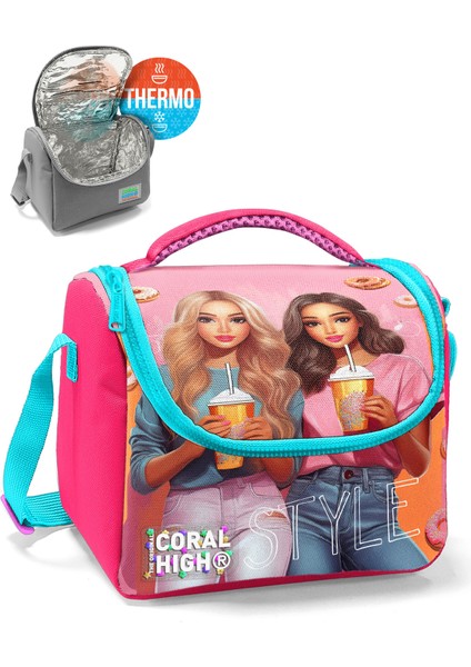 Pembe Neon Mercan Fashion Girl Desenli Thermo Beslenme Çantası 22769