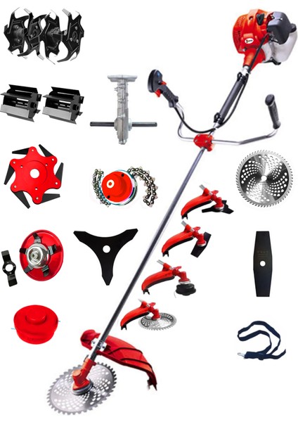 Germany W-F50 11 In 1 Ful Set Yan Tipi Benzinli Tırpan + Toprak Eşeleme + Akrobat Çapa Roket Başlık