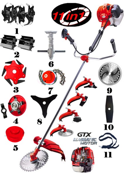 Germany W-F50 11 In 1 Ful Set Yan Tipi Benzinli Tırpan + Toprak Eşeleme + Akrobat Çapa Roket Başlık