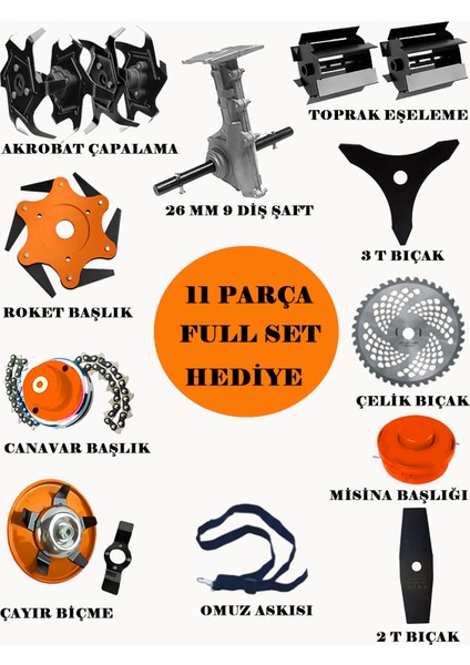 Germany W-F50 11 In 1 Ful Set Yan Tipi Benzinli Tırpan + Toprak Eşeleme + Akrobat Çapa Roket Başlık