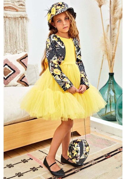 Kız Çocuk Üzeri Çiçek Baskılı Crop Ceket Şapkalı Eteği Tül Tül Kolsuz Sarı Abiye