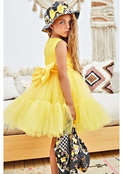 Kız Çocuk Üzeri Çiçek Baskılı Crop Ceket Şapkalı Eteği Tül Tül Kolsuz Sarı Abiye fiyatları