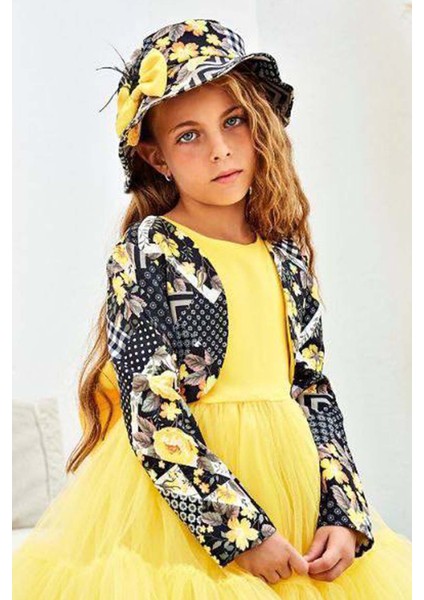 Kız Çocuk Üzeri Çiçek Baskılı Crop Ceket Şapkalı Eteği Tül Tül Kolsuz Sarı Abiye modelleri