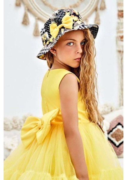 Kız Çocuk Üzeri Çiçek Baskılı Crop Ceket Şapkalı Eteği Tül Tül Kolsuz Sarı Abiye fırsatları