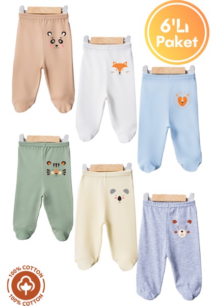Unisex Bebek Penye Organik Pamuklu Figür Baskılı 0-6 Ay Patikli Bebek Tek Alt 6'lı Set