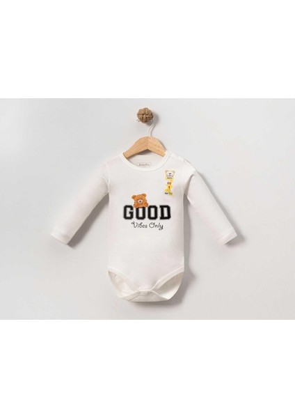 Unısex 3/18 Ay Ekru Ayı Good Baskılı Uzun Kol Badi
