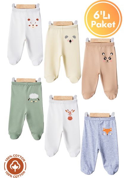 Unisex Bebek Penye Organik Pamuklu Figür Baskılı 0-6 Ay Patikli Bebek Tek Alt 6'lı Set