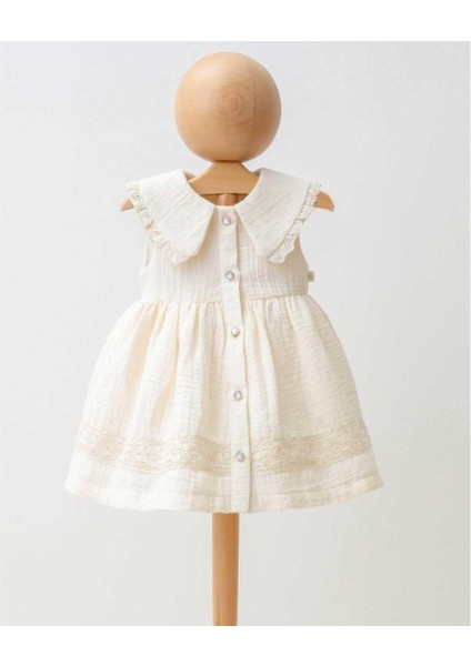 Kız 6/24 Ay Düğmeli Yakalı Simli Müslin Elbise