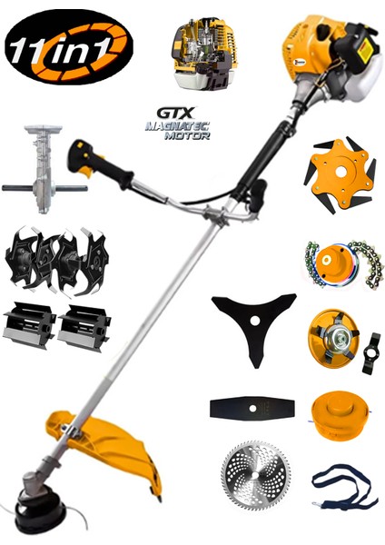 Alman WX-F80 11 In 1 Ful Set Yan Tipi Benzinli Tırpan + Toprak Eşeleme + Akrobat Çapa Roket Başlık