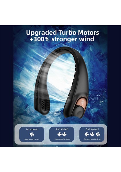Boyun Fanı, LED Ekranlı Kişisel Fan, Şarj Edilebilir 3600MAH Ev, Seyahat, Spor Için 3 Hız Ayarlı USB Siyah (Yurt Dışından)