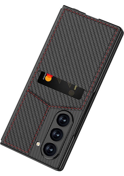 Galaxy Z Fold 6 Kılıf Karbon Fiber Kartlıklı Zore Kıpta Dik Açılan Kartlıklı KAPAK-SIYAH-86804367985