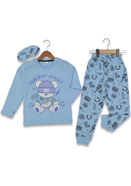 Erkek 7/10 Yaş Şapkalı Ayıcık 4lü Seri Pıjama Takı