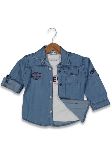 Erkek 3/7 Yaş Wkl Baskılı Mavi Ikili Kot Gömlek