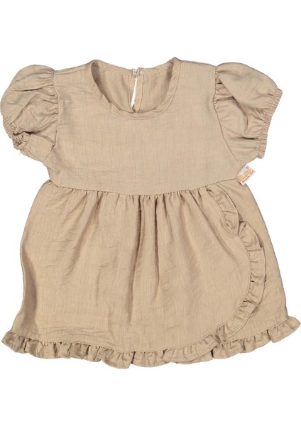 Kız 9/24 Ay Karpuz Kollu Fırfırlı Ceviz Kabuğu Elbise