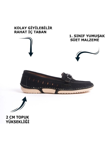 Siyah Delikli Süet Önden Metal Toka Detaylı Rahat Yumuşak Günlük Loafer Makosen Kadın Ayakkabı fiyatları