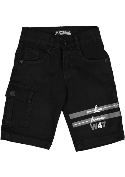 Erkek 8/12 Yaş Şeritli W47 Baskılı Cepli Siyah Kapri