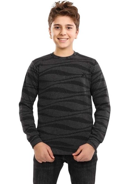 Erkek 13/16 Yaş Jakar Kumaş Çizgili Yaprak Nakışlı Sweat