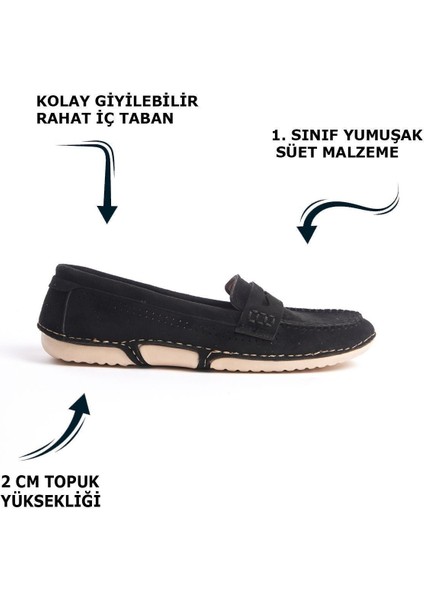 Siyah Delikli Süet Önden Rahat Yumuşak Günlük Loafer Makosen Kadın Ayakkabı