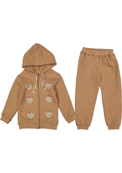 Kız 2/5 Yaş Ponponlu Ayılı Üç Iplik Kapşonlu Takım