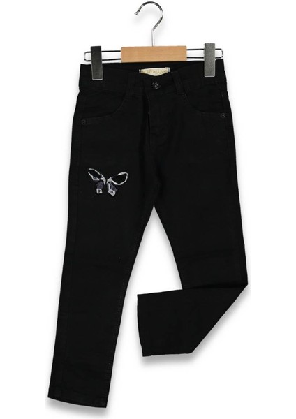 Kız 3/7 Yaş Taşlı Kelebek Nakışlı Siyah Kot Pantolon