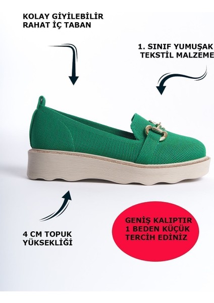 Yeşil Önden Metal Detaylı Parlak Şeritli Yüksek Taban Günlük Loafer Makosen Kadın Ayakkabı fiyatları