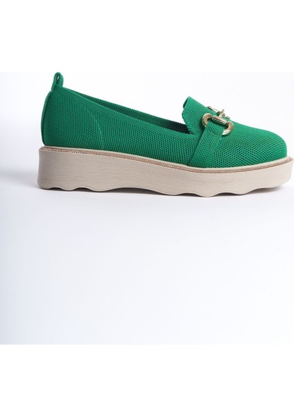 Yeşil Önden Metal Detaylı Parlak Şeritli Yüksek Taban Günlük Loafer Makosen Kadın Ayakkabı indirimleri