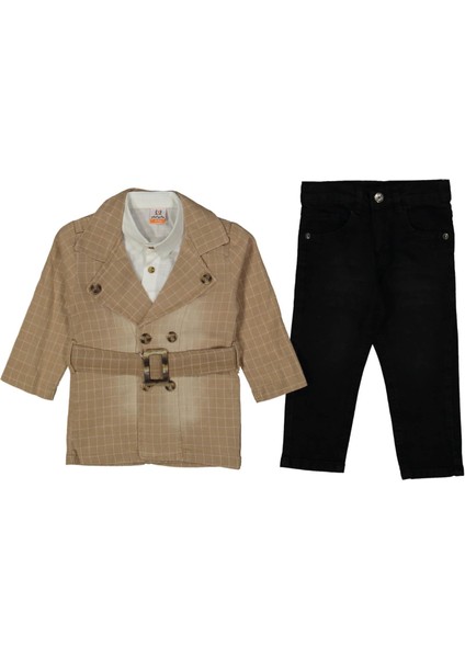 Erkek 2/5 Yaş Kareli Çift Düğmeli Kemerli 3 Lü Takım