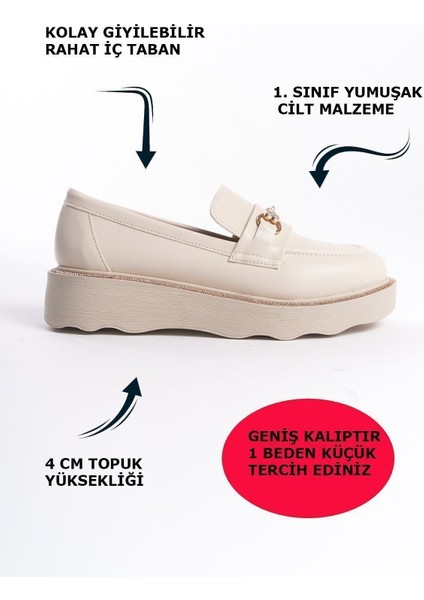 Krem Önden Taşlı Metal Detaylı Parlak Şeritli Yüksek Taban Günlük Loafer Makosen Kadın Ayakkabı fiyatları