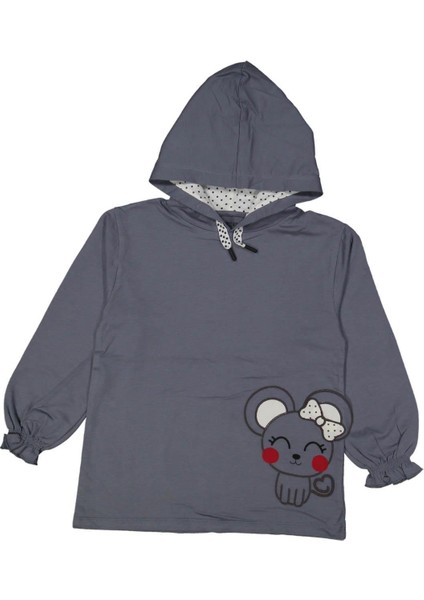 Kız 6/9 Yaş Fiyonklu Kedi Baskılı Kapşonlu Sweat