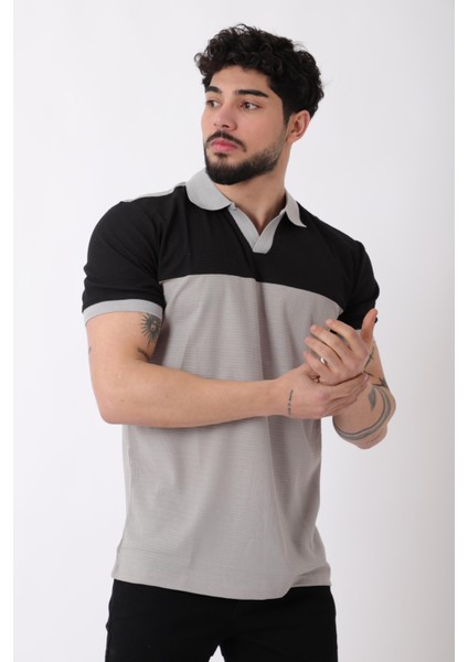 Apaç Yaka Parçalı Desenli Tişört Js C-1026_30424