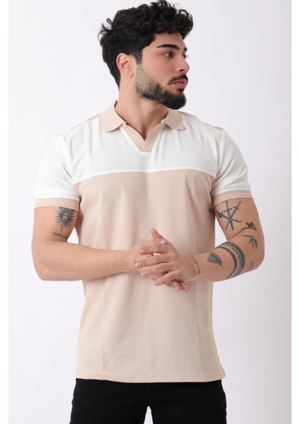 Apaç Yaka Parçalı Desenli Tişört Js C-1026_30424