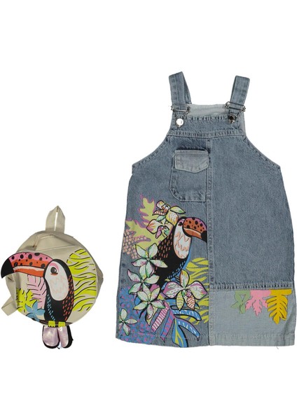 Kız 2/5 Yaş Kuş Baskı Çantalı Kot Jile