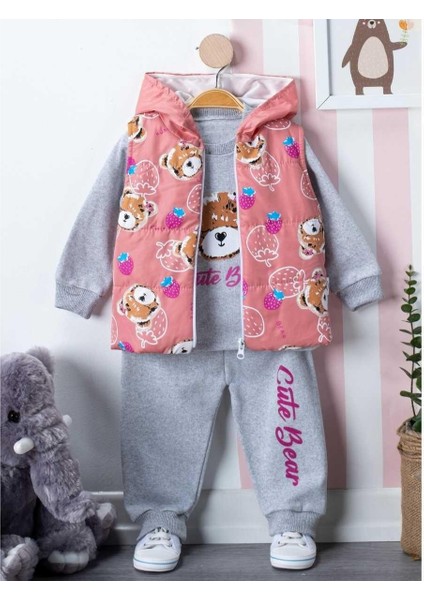 Kız 9/24 Ay Çiçek ve Ayı Baskılı Şişme Yelek 3.lu Takım