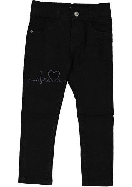 Kız 3/7 Yaş Taşlı Kalp Nakışlı Siyah Kot Pantolon