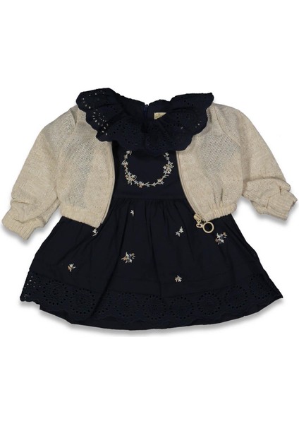 Kız 9/24 Ay Önü Çiçek Nakışlı Hırkalı Elbise