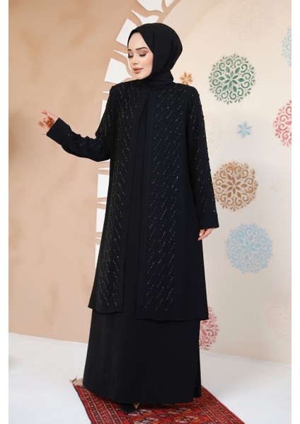 Boncuk Işlemeli Siyah Tesettür Abaya 29120S