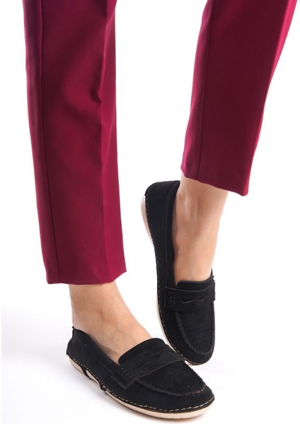 Siyah Delikli Süet Önden Rahat Yumuşak Günlük Loafer Makosen Kadın Ayakkabı