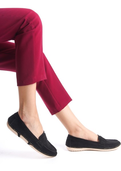 Siyah Delikli Süet Önden Rahat Yumuşak Günlük Loafer Makosen Kadın Ayakkabı modelleri