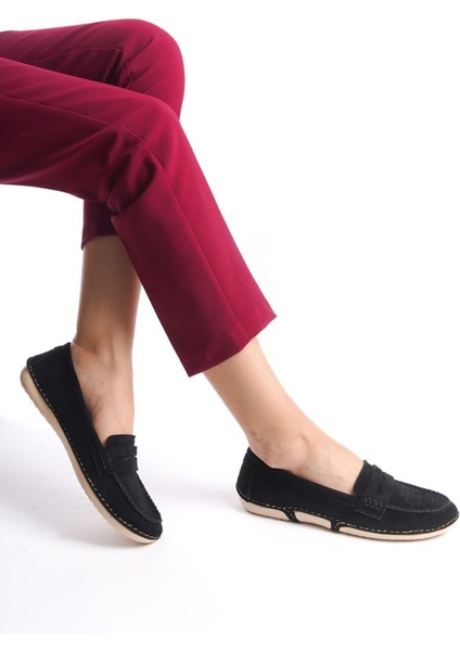 Siyah Delikli Süet Önden Rahat Yumuşak Günlük Loafer Makosen Kadın Ayakkabı fırsatları
