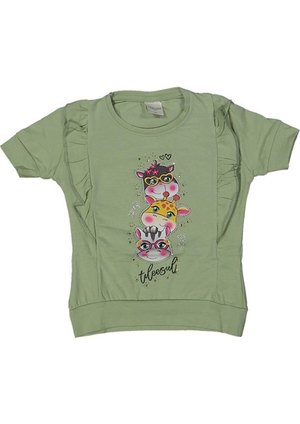 Kız 5/8 Yaş Taşlı Zürafa Baskılı Tişört
