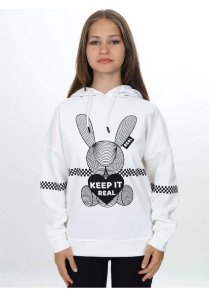 Kız 8/14 Yaş Kapşonlu Real Şeritli Tavşan Baskılı Lacoste Sweat