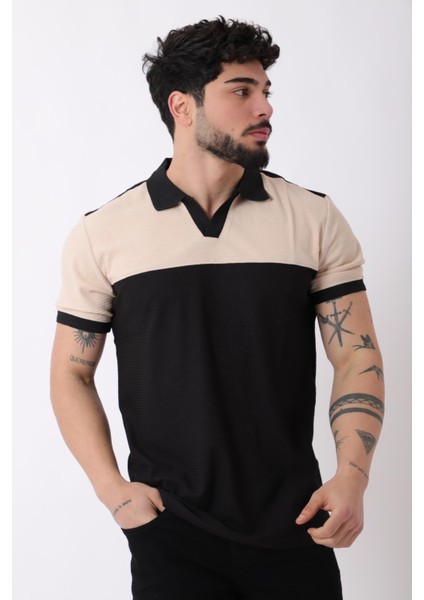 Apaç Yaka Parçalı Desenli Tişört Js C-1026_30424