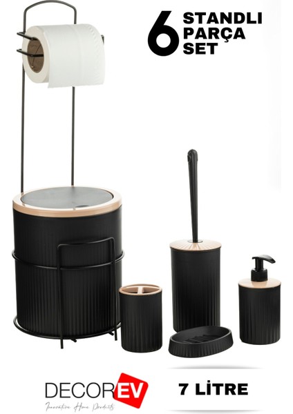 Büyük Banyo Standlı 6'lı Wc Seti 7 Litre Çöp Kovası, Siyah