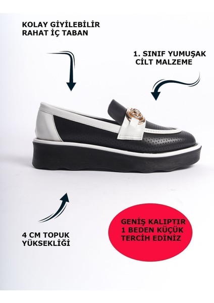 Siyah Beyaz Önden Taşlı Metal Detaylı Yüksek Taban Günlük Loafer Makosen Kadın Ayakkabı fiyatları
