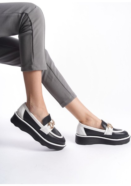 Siyah Beyaz Önden Taşlı Metal Detaylı Yüksek Taban Günlük Loafer Makosen Kadın Ayakkabı modelleri
