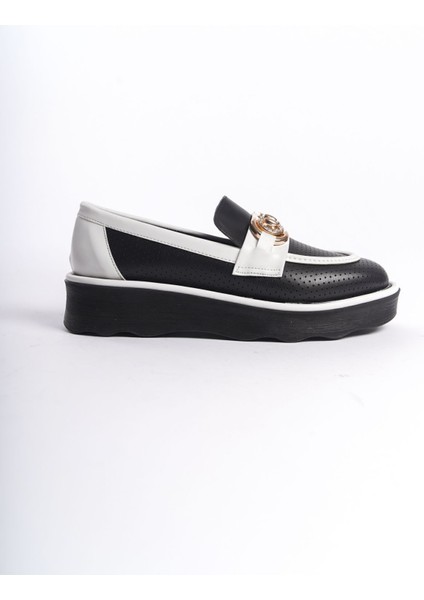 Siyah Beyaz Önden Taşlı Metal Detaylı Yüksek Taban Günlük Loafer Makosen Kadın Ayakkabı indirimleri